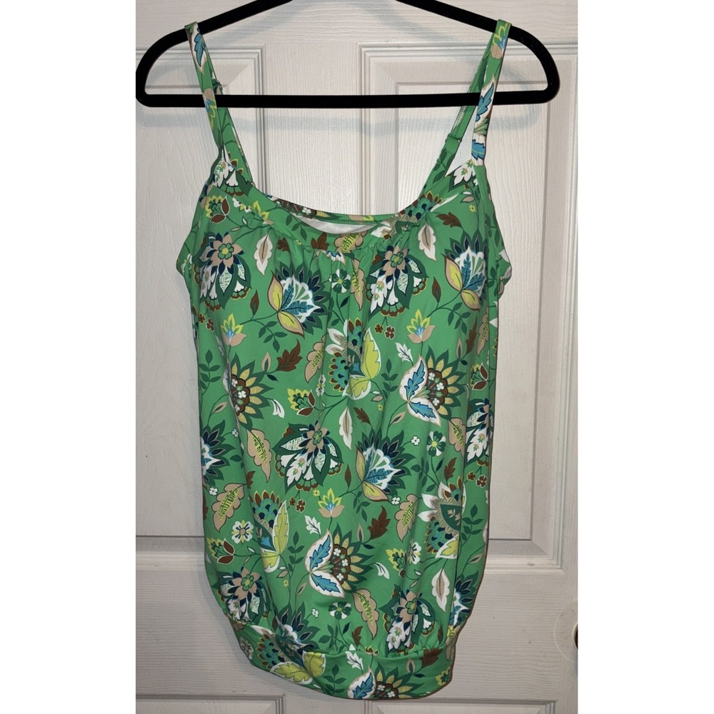 Lands End Sz 16 Blouson Tankini Top Swim Top Blouson Green Brown Floral Padded